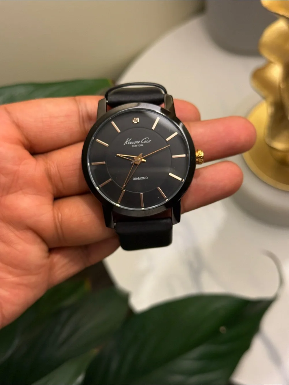 Kenneth Cole New York Black Dial Black Leather Strap Watch with Gold Accents men